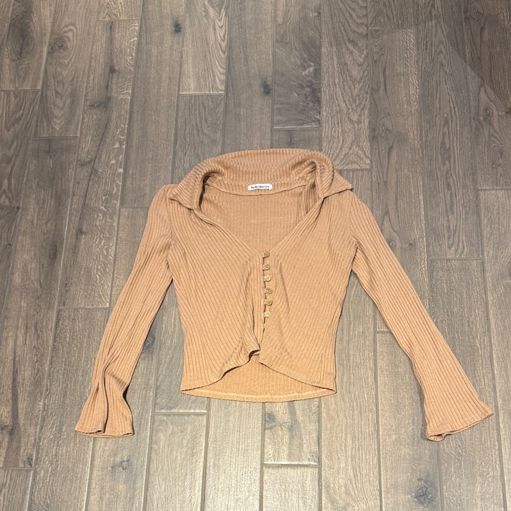 Reformation Ribbed Camel Button-Down Shirt